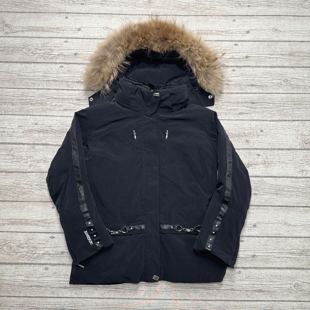 Descente Ski Jacket Women's Medium Black Fur Hood Faux Leather Crystal Trim Coat